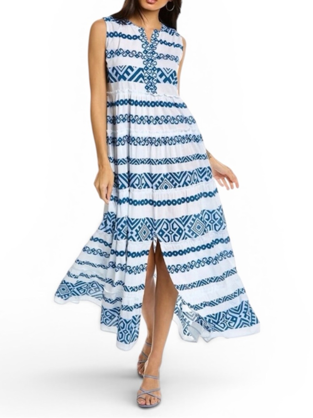 BINDU Blue White Striped A-Line Maxi Dress XS Bohemian Rustic Sleeveless Resort